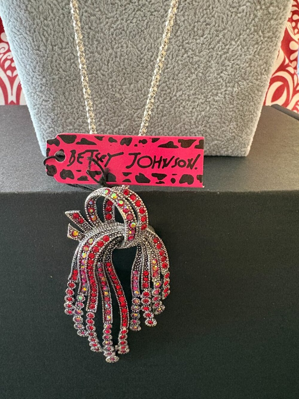 Betsey Johnson 7 Red Rhinestone Tassel Statement Necklace – NOS Tagged